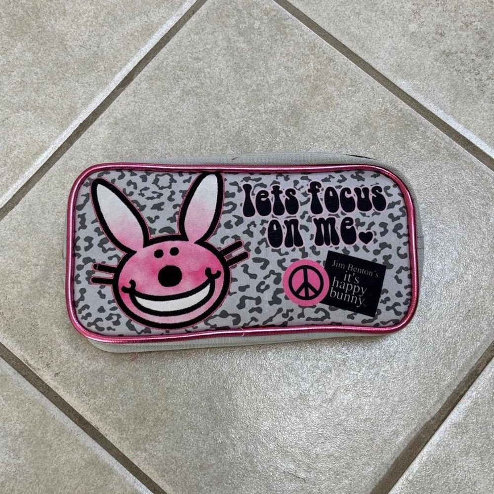 Gray and Pink Happy Bunny Pencil Case